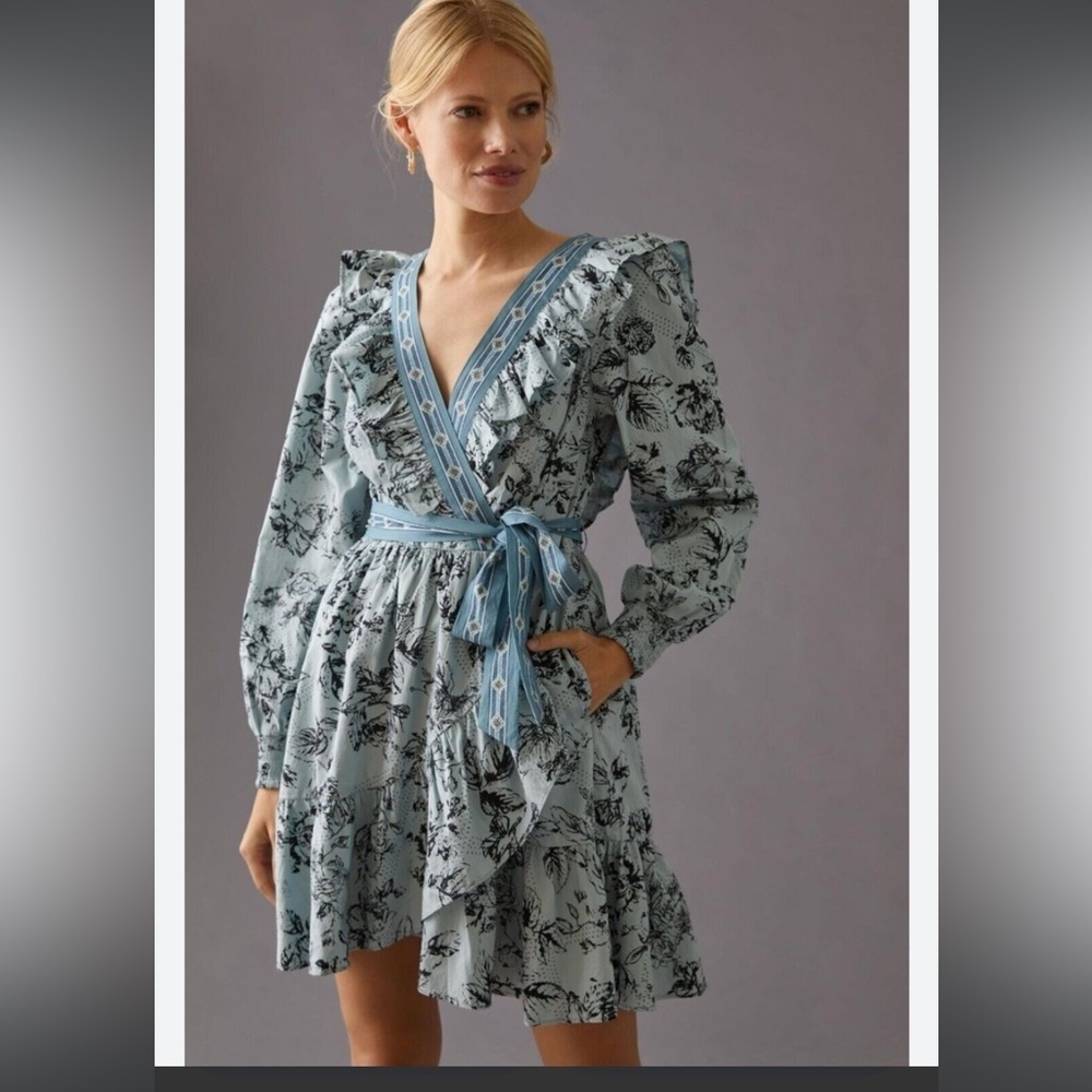 Anthropologie Ruffle Wrap Light Blue Floral Mini Dress Women’s Medium